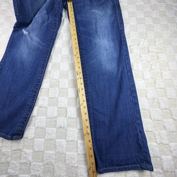 Parish Mens Jeans Distressed Blue Denim Green Accent Stitching Stylish - Picture 5 of 16